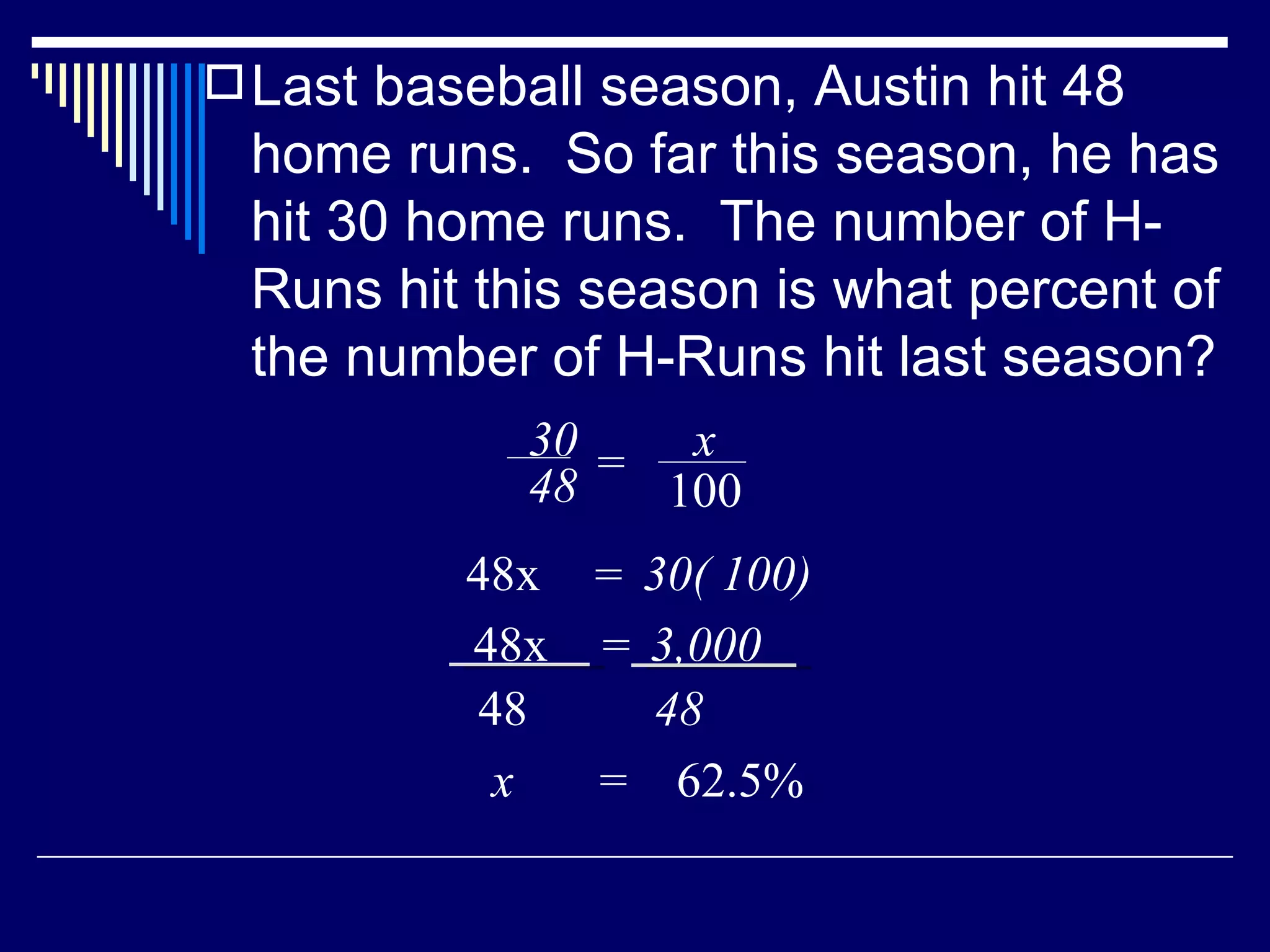 Last baseball season, Austin hit 48 home runs.  So far this season, he has hit 30 home runs.  The number of H-Runs hit this season is what percent of the number of H-Runs hit last season? x  =  62.5% 30 48 = x 100 48x  30( 100) = 48x  3,000 = 48 48 