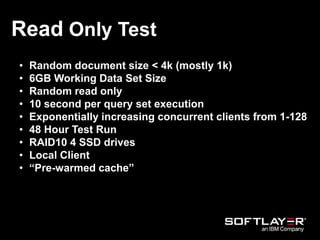 Read Only Test
• Random document size < 4k (mostly 1k)
• 6GB Working Data Set Size
• Random read only
• 10 second per query set execution
• Exponentially increasing concurrent clients from 1-128
• 48 Hour Test Run
• RAID10 4 SSD drives
• Local Client
• “Pre-warmed cache”
 