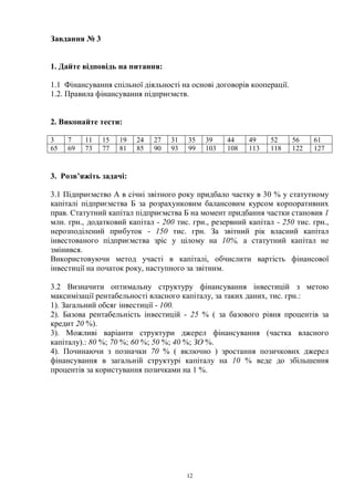 12
Завдання № 3
1. Дайте відповідь на питання:
1.1 Фінансування спільної діяльності на основі договорів кооперації.
1.2. Правила фінансування підприємств.
2. Виконайте тести:
3 7 11 15 19 24 27 31 35 39 44 49 52 56 61
65 69 73 77 81 85 90 93 99 103 108 113 118 122 127
3. Розв’яжіть задачі:
3.1 Підприємство А в січні звітного року придбало частку в 30 % у статутному
капіталі підприємства Б за розрахунковим балансовим курсом корпоративних
прав. Статутний капітал підприємства Б на момент придбання частки становив 1
млн. грн., додатковий капітал - 200 тис. грн., резервний капітал - 250 тис. грн.,
нерозподілений прибуток - 150 тис. грн. За звітний рік власний капітал
інвестованого підприємства зріс у цілому на 10%, а статутний капітал не
змінився.
Використовуючи метод участі в капіталі, обчислити вартість фінансової
інвестиції на початок року, наступного за звітним.
3.2 Визначити оптимальну структуру фінансування інвестицій з метою
максимізації рентабельності власного капіталу, за таких даних, тис. грн.:
1). Загальний обсяг інвестиції - 100.
2). Базова рентабельність інвестицій - 25 % ( за базового рівня процентів за
кредит 20 %).
3). Можливі варіанти структури джерел фінансування (частка власного
капіталу).: 80 %; 70 %; 60 %; 50 %; 40 %; ЗО %.
4). Починаючи з позначки 70 % ( включно ) зростання позичкових джерел
фінансування в загальній структурі капіталу на 10 % веде до збільшення
процентів за користування позичками на 1 %.
 