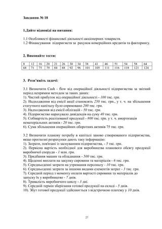 27
Завдання № 18
1.Дайте відповіді на питання:
1.1 Особливості фінансової діяльності акціонерних товариств.
1.2 Фінансування підприємств за рахунок комерційних кредитів та факторингу.
2. Виконайте тести:
8 12 16 20 21 26 30 34 38 41 46 51 54 58 64
68 71 75 79 84 88 92 96 101 105 111 116 118 121 124
3. Розв’яжіть задачі:
3.1 Визначити Cash - flow від операційної діяльності підприємства за звітний
період непрямим методом за таких даних:
1). Чистий прибуток від операційної діяльності - 100 тис. грн.
2). Надходження від емісії акції становлять 250 тис. грн., у т. ч. на збільшення
статутного капіталу було спрямовано 200 тис. грн.
3). Надходження від емісії облігацій - 50 тис. грн.
4). Підприємство нарахувало дивідендів на суму 40 тис. грн.
5). Собівартість реалізованої продукції - 800 тис. грн. у т. ч. амортизація
нематеріальних активів - 20 тис. грн.
6). Сума збільшення операційних оборотних активів 75 тис. грн.
3.2 Визначити планову потребу в капіталі заново створюваного підприємства,
якщо прогнозні розрахунки дають таку інформацію:
1). Затрати, пов'язані із заснуванням підприємства, - 5 тис. грн.
2). Первісна вартість необхідної для виробництва планового обсягу продукції
виробничої споруди - 1 млн. грн.
3). Придбання машин та обладнання - 500 тис. грн.
4). Щоденні виплати на закупку сировини та матеріалів - 6 тис. грн.
5). Середньоденні затрати на утримання персоналу - 10 тис. грн.
6). Середньоденні затрати за іншими видами елементів затрат - 3 тис. грн.
7). Середній період з моменту оплати вартості сировини та матеріалів до
запуску їх у виробництво - 7 днів.
8). Тривалість виробничого циклу - 3 дні.
9). Середній термін зберігання готової продукції на складі - 5 днів.
10). Збут готової продукції здійснюється з відстрочкою платежу у 10 днів.
 
