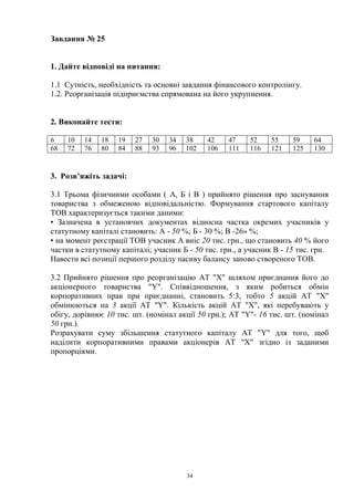 34
Завдання № 25
1. Дайте відповіді на питання:
1.1 Сутність, необхідність та основні завдання фінансового контролінгу.
1.2. Реорганізація підприємства спрямована на його укрупнення.
2. Виконайте тести:
6 10 14 18 19 27 30 34 38 42 47 52 55 59 64
68 72 76 80 84 88 93 96 102 106 111 116 121 125 130
3. Розв’яжіть задачі:
3.1 Трьома фізичними особами ( А, Б і В ) прийнято рішення про заснування
товариства з обмеженою відповідальністю. Формування стартового капіталу
ТОВ характеризується такими даними:
• Зазначена в установчих документах відносна частка окремих учасників у
статутному капіталі становить: А - 50 %; Б - 30 %; В -26» %;
• на момент реєстрації ТОВ учасник А вніс 20 тис. грн., що становить 40 % його
частки в статутному капіталі; учасник Б - 50 тис. грн., а учасник В - 15 тис. грн.
Навести всі позиції першого розділу пасиву балансу заново створеного ТОВ.
3.2 Прийнято рішення про реорганізацію AT "X" шляхом приєднання його до
акціонерного товариства "Y". Співвідношення, з яким робиться обмін
корпоративних прав при приєднанні, становить 5:3, тобто 5 акцій AT "X"
обмінюються на 3 акції AT "Y". Кількість акцій AT "X", які перебувають у
обігу, дорівнює 10 тис. шт. (номінал акції 50 грн.); AT "Y"- 16 тис. шт. (номінал
50 грн.).
Розрахувати суму збільшення статутного капіталу AT "Y" для того, щоб
наділити корпоративними правами акціонерів AT "X" згідно із заданими
пропорціями.
 
