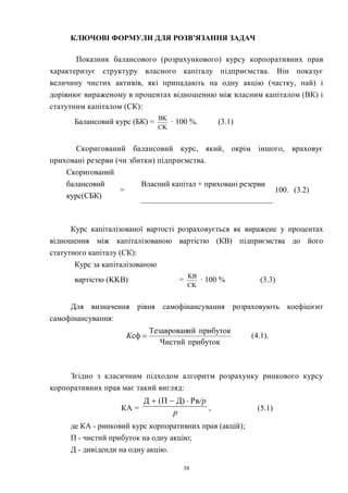 58
КЛЮЧОВІ ФОРМУЛИ ДЛЯ РОЗВ’ЯЗАННЯ ЗАДАЧ
Показник балансового (розрахункового) курсу корпоративних прав
характеризує структуру власного капіталу підприємства. Він показує
величину чистих активів, які припадають на одну акцію (частку, пай) і
дорівнює вираженому в процентах відношенню між власним капіталом (ВК) і
статутним капіталом (СК):
Балансовий курс (БК) =
CK
BK
· 100 %. (3.1)
Скоригований балансовий курс, який, окрім іншого, враховує
приховані резерви (чи збитки) підприємства.
Скоригований
балансовий
курс(СБК)
=
Власний капітал + приховані резерви
100. (3.2)
Курс капіталізованої вартості розраховується як виражене у процентах
відношення між капіталізованою вартістю (КВ) підприємства до його
статутного капіталу (СК):
Курс за капіталізованою
вартістю (KKВ) =
CK
KB
· 100 % (3.3)
Для визначення рівня самофінансування розраховують коефіцієнт
самофінансування:
прибутокЧистий
прибутокийТезаврован
сф K (4.1).
Згідно з класичним підходом алгоритм розрахунку ринкового курсу
корпоративних прав має такий вигляд:
КА =
р
/рPвД)(ПД 
, (5.1)
де КА - ринковий курс корпоративних прав (акцій);
П - чистий прибуток на одну акцію;
Д - дивіденди на одну акцію.
 