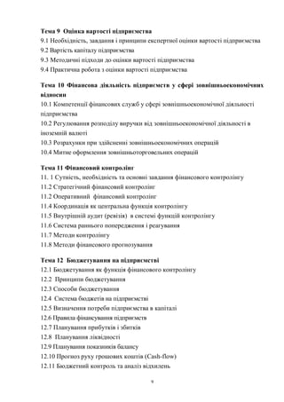 9
Тема 9 Оцінка вартості підприємства
9.1 Необхідність, завдання і принципи експертної оцінки вартості підприємства
9.2 Вартість капіталу підприємства
9.3 Методичні підходи до оцінки вартості підприємства
9.4 Практична робота з оцінки вартості підприємства
Тема 10 Фінансова діяльність підприємств у сфері зовнішньоекономічних
відносин
10.1 Компетенції фінансових служб у сфері зовнішньоекономічної діяльності
підприємства
10.2 Регулювання розподілу виручки від зовнішньоекономічної діяльності в
іноземній валюті
10.3 Розрахунки при здійсненні зовнішньоекономічних операцій
10.4 Митне оформлення зовнішньоторговельних операцій
Тема 11 Фінансовий контролінг
11. 1 Сутність, необхідність та основні завдання фінансового контролінгу
11.2 Стратегічний фінансовий контролінг
11.2 Оперативний фінансовий контролінг
11.4 Координація як центральна функція контролінгу
11.5 Внутрішній аудит (ревізія) в системі функцій контролінгу
11.6 Система раннього попередження і реагування
11.7 Методи контролінгу
11.8 Методи фінансового прогнозування
Тема 12 Бюджетування на підприємстві
12.1 Бюджетування як функція фінансового контролінгу
12.2 Принципи бюджетування
12.3 Способи бюджетування
12.4 Система бюджетів на підприємстві
12.5 Визначення потреби підприємства в капіталі
12.6 Правила фінансування підприємств
12.7 Планування прибутків і збитків
12.8 Планування ліквідності
12.9 Планування показників балансу
12.10 Прогноз руху грошових коштів (Cash-flow)
12.11 Бюджетний контроль та аналіз відхилень
 