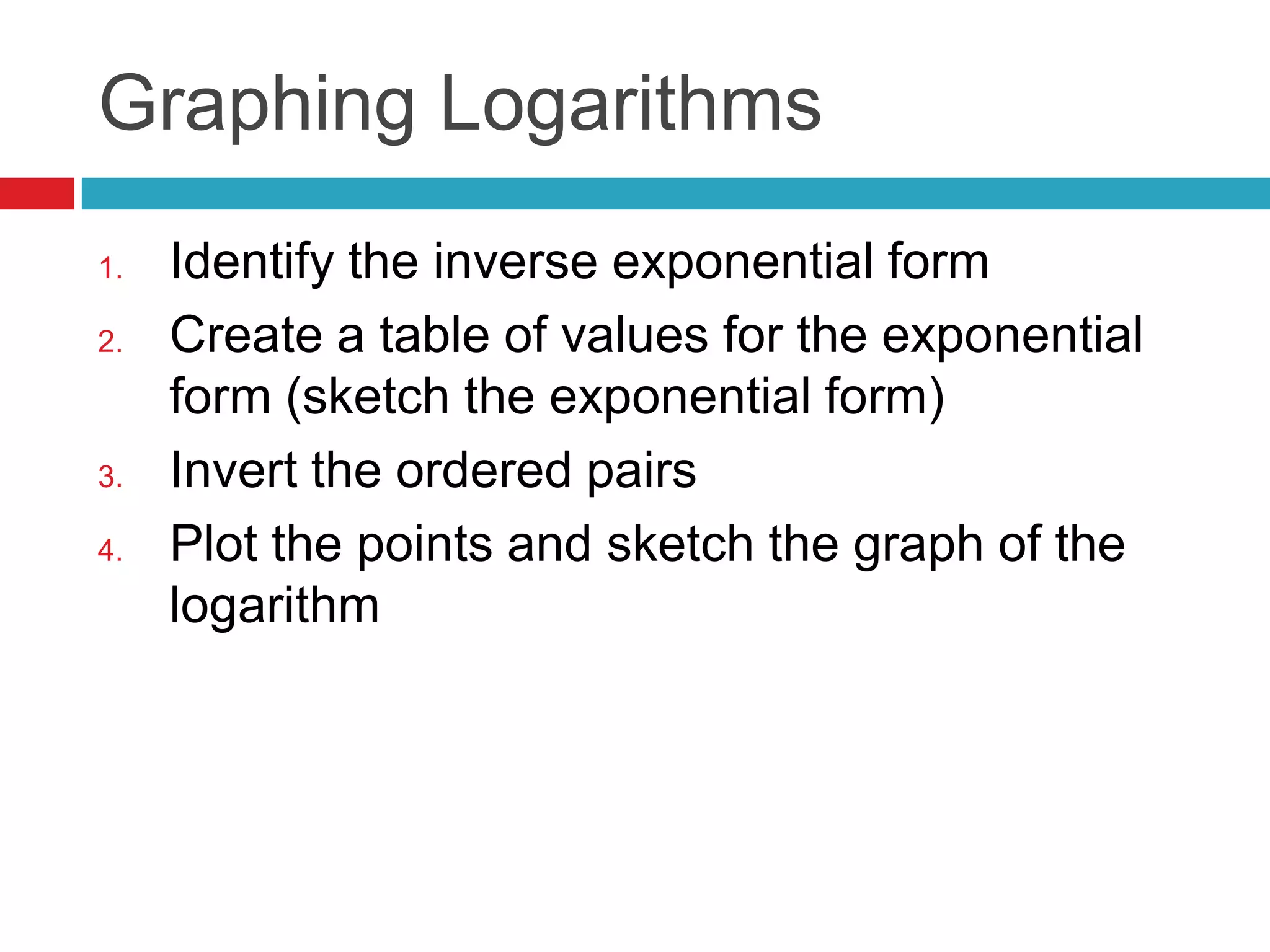 Graphing Logarithms
1.   Identify the inverse exponential form
2.   Create a table of values for the exponential
     form (sketch the exponential form)
3.   Invert the ordered pairs
4.   Plot the points and sketch the graph of the
     logarithm
 