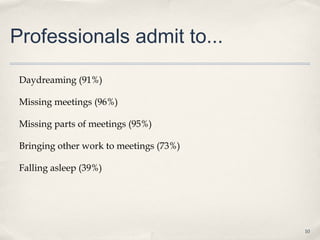 Professionals admit to...

 Daydreaming (91%)

 Missing meetings (96%)

 Missing parts of meetings (95%)

 Bringing other work to meetings (73%)

 Falling asleep (39%)




                                         10
 