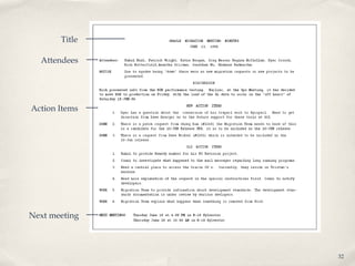 Title

  Attendees




Action Items




Next meeting



               32
 