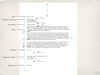 Date
Recipient address

       Salutation

           Body




         Closing



 Signature block



       Enclosure


                    5
 