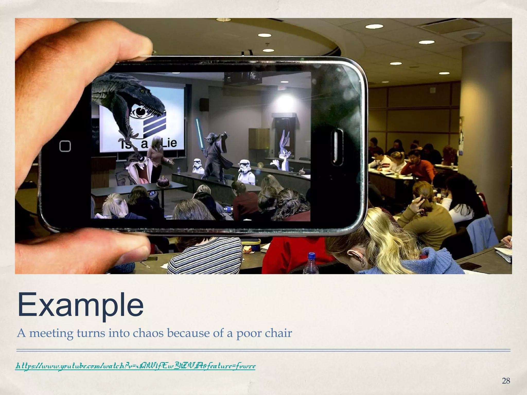 Example
A meeting turns into chaos because of a poor chair

https://www.youtube.com/watch?v=xQW1fEwYZVA&feature=fvwre
                                                            28
 