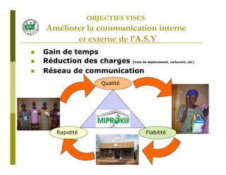 OBJECTIFS VISES:
 Améliorer la communication interne
        et externe de l’A.S.Y
Gain de temps
Réduction des charges (frais de déplacement, carburant, etc)
Réseau de communication
                       Qualité




     Rapidité                           Fiabilité
 