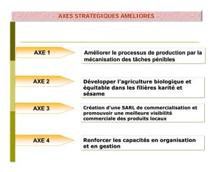 AXES STRATEGIQUES AMELIORES




AXE 1          Améliorer le processus de production par la
               Améliorer
               mécanisation des tâches pénibles
               mécanisation            pénibles


AXE 2         Développer l’agriculture biologique et
              Développer l’agriculture
              équitable dans les filières karité et
              équitable          filières karité
              sésame
              sésame

AXE 3         Création d’une SARL de commercialisation et
              Création d’une
              promouvoir une meilleure visibilité
                                       visibilité
              commerciale des produits locaux



AXE 4         Renforcer les capacités en organisation
                            capacités
              et en gestion
 