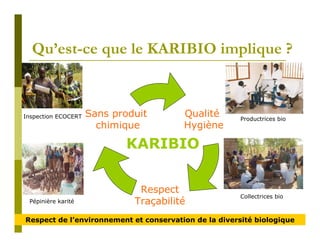 Qu’est-ce que le KARIBIO implique ?



Inspection ECOCERT   Sans produit       Qualité        Productrices bio
                       chimique         Hygiène

                            KARIBIO


                               Respect
                                                       Collectrices bio
 Pépinière karité             Traçabilité
Respect de l’environnement et conservation de la diversité biologique
 