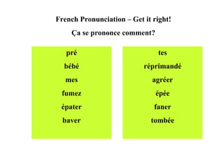 French Pronunciation – Get it right! Ça se prononce comment? pré bébé mes fumez épater baver tes réprimandé agréer épée faner tombée 