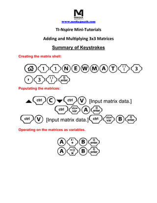 www.media4math.com


                      TI-Nspire Mini-Tutorials
              Adding and Multiplying 3x3 Matrices
                    Summary of Keystrokes
Creating the matrix shell:


   c11NEWMAT(3
   ,3)·
Populating the matrices:


    `/C¤/V [Input matrix data.]

/V [Input matrix data.]/hB·
Operating on the matrices as variables.


                       A+B·
                       ArB·
 