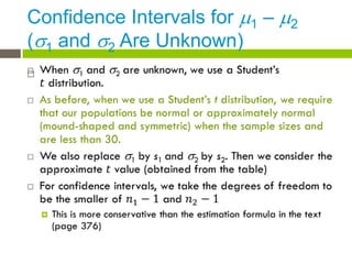 Confidence Intervals for 1 – 2
(1 and 2 Are Unknown)

 