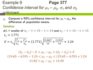 Example 9                 Page 377
Confidence interval for 1 – 2, 1 and 2
unknown

 