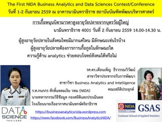 The First NIDA Business Analytics and Data Sciences Contest/Conference
วันที่ 1-2 กันยายน 2559 ณ อาคารนวมินทราธิราช สถาบันบัณฑิตพัฒนบริหารศาสตร์
https://businessanalyticsnida.wordpress.com
https://www.facebook.com/BusinessAnalyticsNIDA/
การเกื้อหนุนบิดามารดาสูงอายุวัยปลายจากบุตรวัยผู้ใหญ่
รศ.ดร.เดือนเพ็ญ ธีรวรรณวิวัฒน์
สาขาวิชาประชากรกับการพัฒนา
สาขาวิชา Business Analytics and Intelligence
คณะสถิติประยุกต์ร.ท.กนกกร ศักดิ์แหลมเงิน วทม (NIDA)
นายทหารกรรมวิธีข้อมูล กองสถิติและประเมินผล
โรงเรียนนายเรืออากาศนวมินทกษัตริยาธิราช
ผู้สูงอายุวัยปลายในสังคมไทยมีมากแค่ไหน มีลักษณะเช่นไรบ้าง
ผู้สูงอายุวัยปลายต้องการการเกื้อกูลในลักษณะใด
ความรู้ด้าน analytics ช่วยตอบโจทย์สังคมได้หรือไม่
นวมินทราธิราช 4001 วันที่ 2 กันยายน 2559 14.00-14.30 น.
 