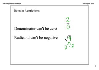 7.4 compositions.notebook                   January 15, 2013




              Domain Restrictions




               Denominator can't be zero

               Radicand can't be negative




                                                               1
 