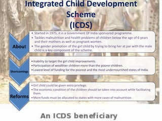 Integrated Child Development
Scheme
(ICDS)
About
• Started in 1975, it is a Government Of India sponsored programme.
• Tackles malnutrition and health problems of children below the age of 6 years
and their mothers as well as pregnant women.
• The gender promotion of the girl child by trying to bring her at par with the male
child is a key component of the scheme.
Shortcomings
•Inability to target the girl child improvements.
•Participation of wealthier children more than the poorer children.
•Lowest level of funding for the poorest and the most undernourished states of India.
Reforms
•Girl child could be given extra privilege.
•The economic condition of the children should be taken into account while facilitating
them.
•More funds must be allocated to states with more cases of malnutrition.
 