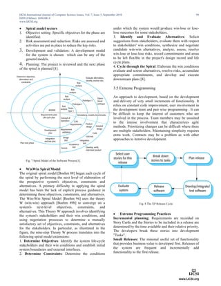IJCSI International Journal of Computer Science Issues, Vol. 7, Issue 5, September 2010                                                  99
ISSN (Online): 1694-0814
www.IJCSI.org

    Spiral model sectors                                                      under which the system would produce win-lose or lose-
1.   Objective setting :Specific objectives for the phase are                  lose outcomes for some stakeholders.
     identified.                                                               3. Identify and Evaluate Alternatives: Solicit
2. Risk assessment and reduction: Risks are assessed and                       suggestions from stakeholders, evaluate them with respect
     activities are put in place to reduce the key risks.                      to stakeholders' win conditions, synthesize and negotiate
3. Development and validation: A development model                             candidate win-win alternatives, analyze, assess, resolve
     for the system is chosen which can be any of the                          win-lose or lose-lose risks, record commitments and areas
     general models.                                                           to be left flexible in the project's design record and life
                                                                               cycle plans.
4. Planning: The project is reviewed and the next phase                        4. Cycle through the Spiral: Elaborate the win conditions
of the spiral is planned [1].
                                                                               evaluate and screen alternatives, resolve risks, accumulate
                                                                               appropriate commitments, and develop and execute
                                                                               downstream plans [8].

                                                                               3.5 Extreme Programming

                                                                               An approach to development, based on the development
                                                                               and delivery of very small increments of functionality. It
                                                                               relies on constant code improvement, user involvement in
                                                                               the development team and pair wise programming . It can
                                                                               be difficult to keep the interest of customers who are
                                                                               involved in the process. Team members may be unsuited
                                                                               to the intense involvement that characterizes agile
                                                                               methods. Prioritizing changes can be difficult where there
                                                                               are multiple stakeholders. Maintaining simplicity requires
                                                                               extra work. Contracts may be a problem as with other
                                                                               approaches to iterative development.




     Fig. 7 Spiral Model of the Software Process[1].

 WinWin Spiral Model
The original spiral model [Boehm 88] began each cycle of
the spiral by performing the next level of elaboration of
the prospective system's objectives, constraints and
alternatives. A primary difficulty in applying the spiral
model has been the lack of explicit process guidance in
determining these objectives, constraints, and alternatives.
The Win-Win Spiral Model [Boehm 94] uses the theory
W (win-win) approach [Boehm 89b] to converge on a                                                Fig. 8 The XP Release Cycle
system's next-level objectives, constraints, and
alternatives. This Theory W approach involves identifying
the system's stakeholders and their win conditions, and                         Extreme Programming Practices
using negotiation processes to determine a mutually                            Incremental planning: Requirements are recorded on
satisfactory set of objectives, constraints, and alternatives                  Story Cards and the Stories to be included in a release are
for the stakeholders. In particular, as illustrated in the                     determined by the time available and their relative priority.
figure, the nine-step Theory W process translates into the                     The developers break these stories into development
following spiral model extensions:                                             "Tasks".
1. Determine Objectives: Identify the system life-cycle                        Small Releases: The minimal useful set of functionality
stakeholders and their win conditions and establish initial                    that provides business value is developed first. Releases of
system boundaries and external interfaces.                                     the system are frequent and incrementally add
2. Determine Constraints: Determine the conditions                             functionality to the first release.
 