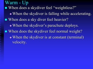 Warm - Up When does a skydiver feel “weightless?” When the skydiver is falling while accelerating. When does a sky diver feel heavier? When the skydiver’s parachute deploys. When does the skydiver feel normal weight? When the skydiver is at constant (terminal) velocity. 
