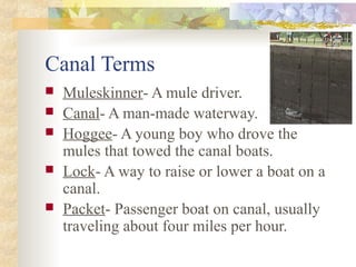 Canal Terms
 Muleskinner- A mule driver.
 Canal- A man-made waterway.
 Hoggee- A young boy who drove the
mules that towed the canal boats.
 Lock- A way to raise or lower a boat on a
canal.
 Packet- Passenger boat on canal, usually
traveling about four miles per hour.
 