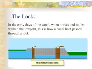 The Locks
In the early days of the canal, when horses and mules
walked the towpath, this is how a canal boat passed
through a lock
 