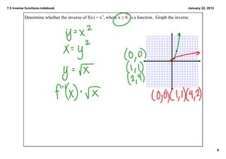 7.5 inverse functions.notebook                                                                       January 22, 2013

           Determine whether the inverse of f(x) = x2, where x ≥ 0, is a function.  Graph the inverse.




                                                                                                                        6
 