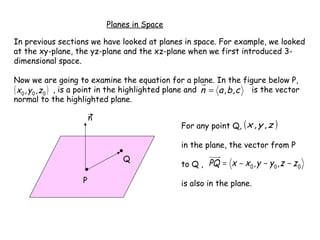 Planes in Space

In previous sections we have looked at planes in space. For example, we looked
at the xy-plane, the yz-plane and the xz-plane when we first introduced 3-
dimensional space.

Now we are going to examine the equation for a plane. In the figure below P,
( x 0 , y 0 , z 0 ) , is a point in the highlighted plane and n = a , b ,c is the vector
normal to the highlighted plane.

                         n
                                                   For any point Q, ( x , y , z )

                                                   in the plane, the vector from P
                                 Q
                                                   to Q , PQ = x − x 0 , y − y 0 , z − z 0

                     P                             is also in the plane.
 