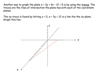 Another way to graph the plane x + 3y + 4z – 12 = 0 is by using the traces. The
traces are the lines of intersection the plane has with each of the coordinate
planes.

The xy-trace is found by letting z = 0, x + 3y = 12 is a line the the xy-plane.
Graph this line.

                                        z




                                                                  y




           x
 