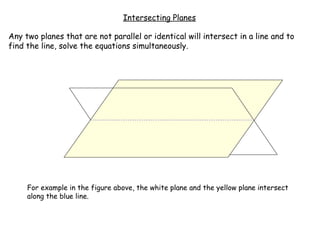 Intersecting Planes

Any two planes that are not parallel or identical will intersect in a line and to
find the line, solve the equations simultaneously.




     For example in the figure above, the white plane and the yellow plane intersect
     along the blue line.
 