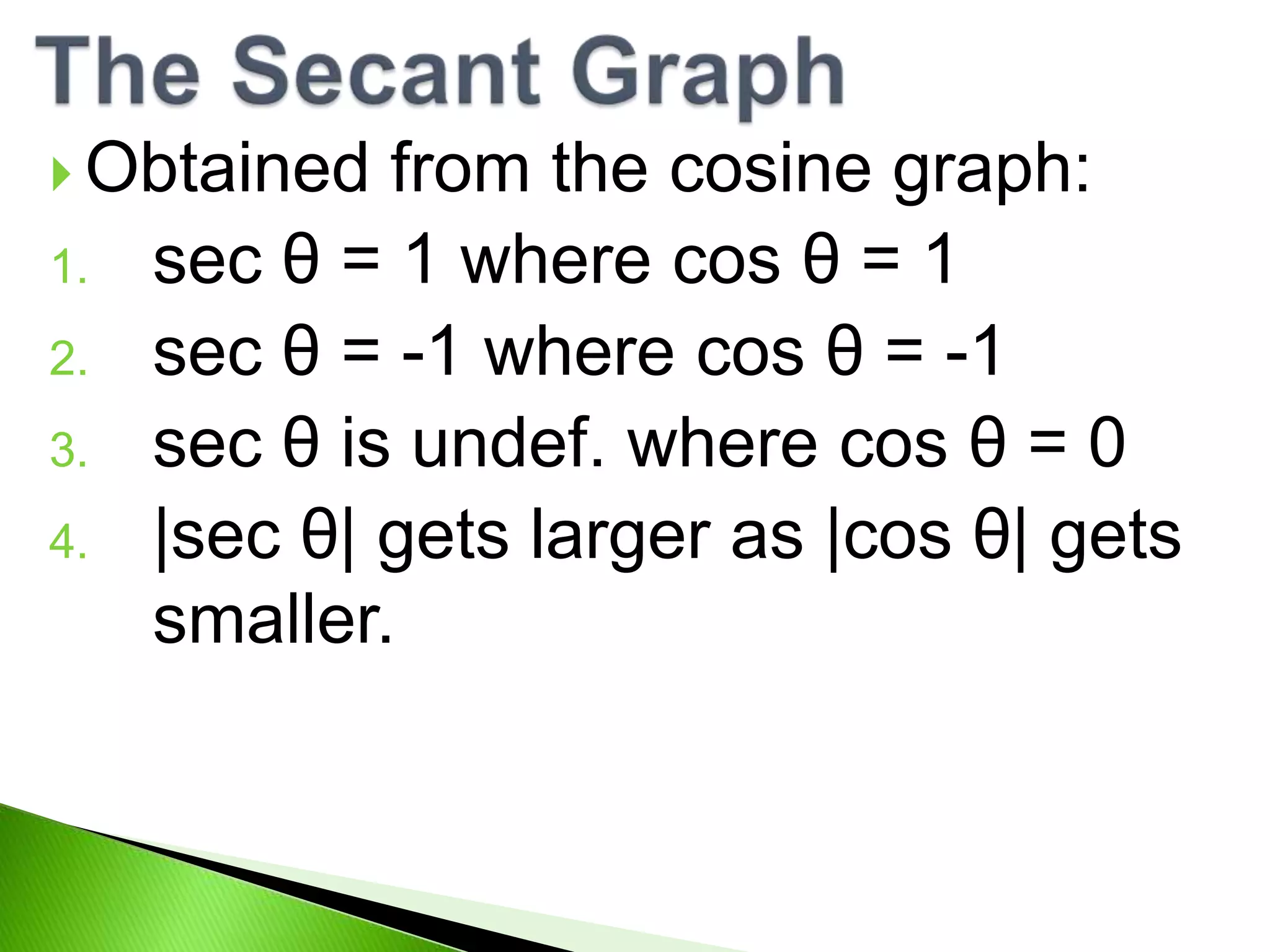  Obtained
1.
2.
3.
4.
from the cosine graph:
sec θ = 1 where cos θ = 1
sec θ = -1 where cos θ = -1
sec θ is undef. where cos θ = 0
|sec θ| gets larger as |cos θ| gets
smaller.