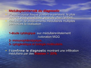 • Medullogramme=Medullogramme=clé du diagnosticclé du diagnostic..
• Ponction:épine iliaque postéro supérieure, le plusPonction:épine iliaque postéro supérieure, le plus
souvent sous anesthésie générale chez l’enfant.souvent sous anesthésie générale chez l’enfant.
• réalisation de prélèvements médullaires multiplesréalisation de prélèvements médullaires multiples
permettant la réalisation :permettant la réalisation :
1-étude cytologique1-étude cytologique: suc médullaire/étalement: suc médullaire/étalement
/coloration MGG/coloration MGG
2- immunophénotypique,2- immunophénotypique,
3- cytogénétique et biologie3- cytogénétique et biologie moléculaire.moléculaire.
• IlIl confirme le diagnosticconfirme le diagnostic montrant une infiltrationmontrant une infiltration
médullaire par desmédullaire par des blastes > 20%blastes > 20%
 