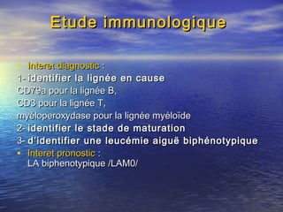 Etude immunologiqueEtude immunologique
• Interet diagnosticInteret diagnostic ::
1-1- identifier la lignée en causeidentifier la lignée en cause
CD79a pour la lignée B,CD79a pour la lignée B,
CD3 pour la lignée T,CD3 pour la lignée T,
myéloperoxydase pour la lignée myéloïdemyéloperoxydase pour la lignée myéloïde
2-2- identifier le stade de maturationidentifier le stade de maturation
3-3- d’identifier une leucémie aiguë biphénotypiqued’identifier une leucémie aiguë biphénotypique
• Interet pronosticInteret pronostic ::
LA biphenotypique /LAM0/LA biphenotypique /LAM0/
 