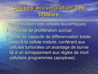 Causes accumulation desCauses accumulation des
blastesblastes
l’accumulation des cellules leucémiques:l’accumulation des cellules leucémiques:
1- capacité de prolifération accrue1- capacité de prolifération accrue
2- perte de capacité de différenciation totale2- perte de capacité de différenciation totale
jusqu’à la cellule mature, conférant auxjusqu’à la cellule mature, conférant aux
cellules tumorales un avantage de surviecellules tumorales un avantage de survie
lié à un échappement aux règles de mortlié à un échappement aux règles de mort
cellulaire programmée (apoptose).cellulaire programmée (apoptose).
 