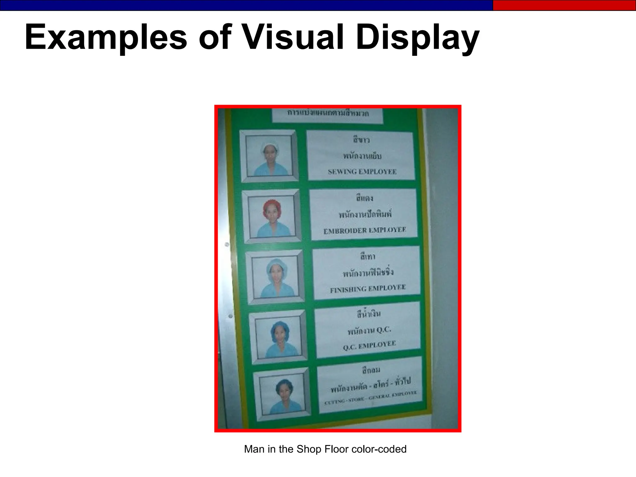 Examples of Visual Display
Man in the Shop Floor color-coded
 
