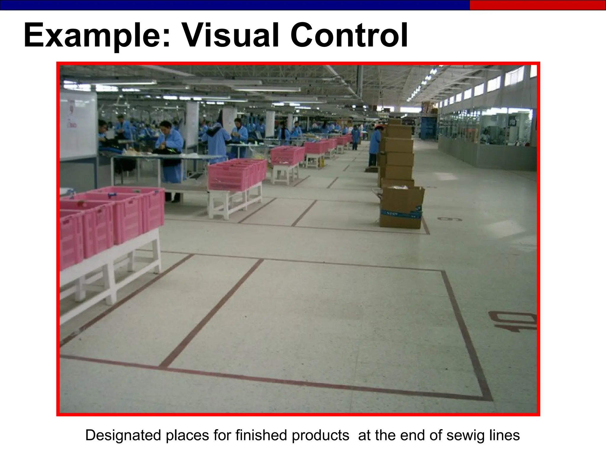 Example: Visual Control
Designated places for finished products at the end of sewig lines
 