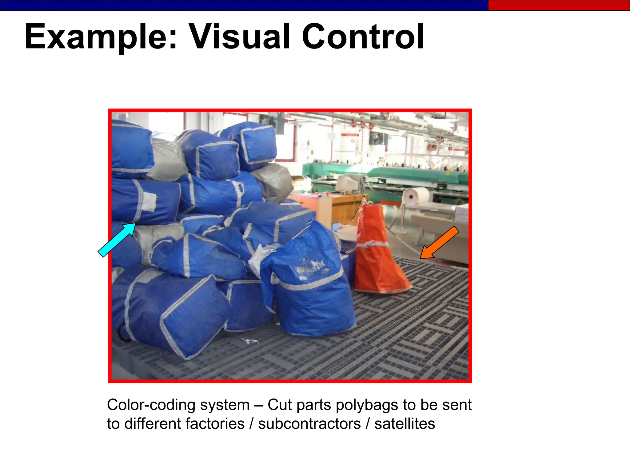 Example: Visual Control
Color-coding system – Cut parts polybags to be sent
to different factories / subcontractors / satellites
 