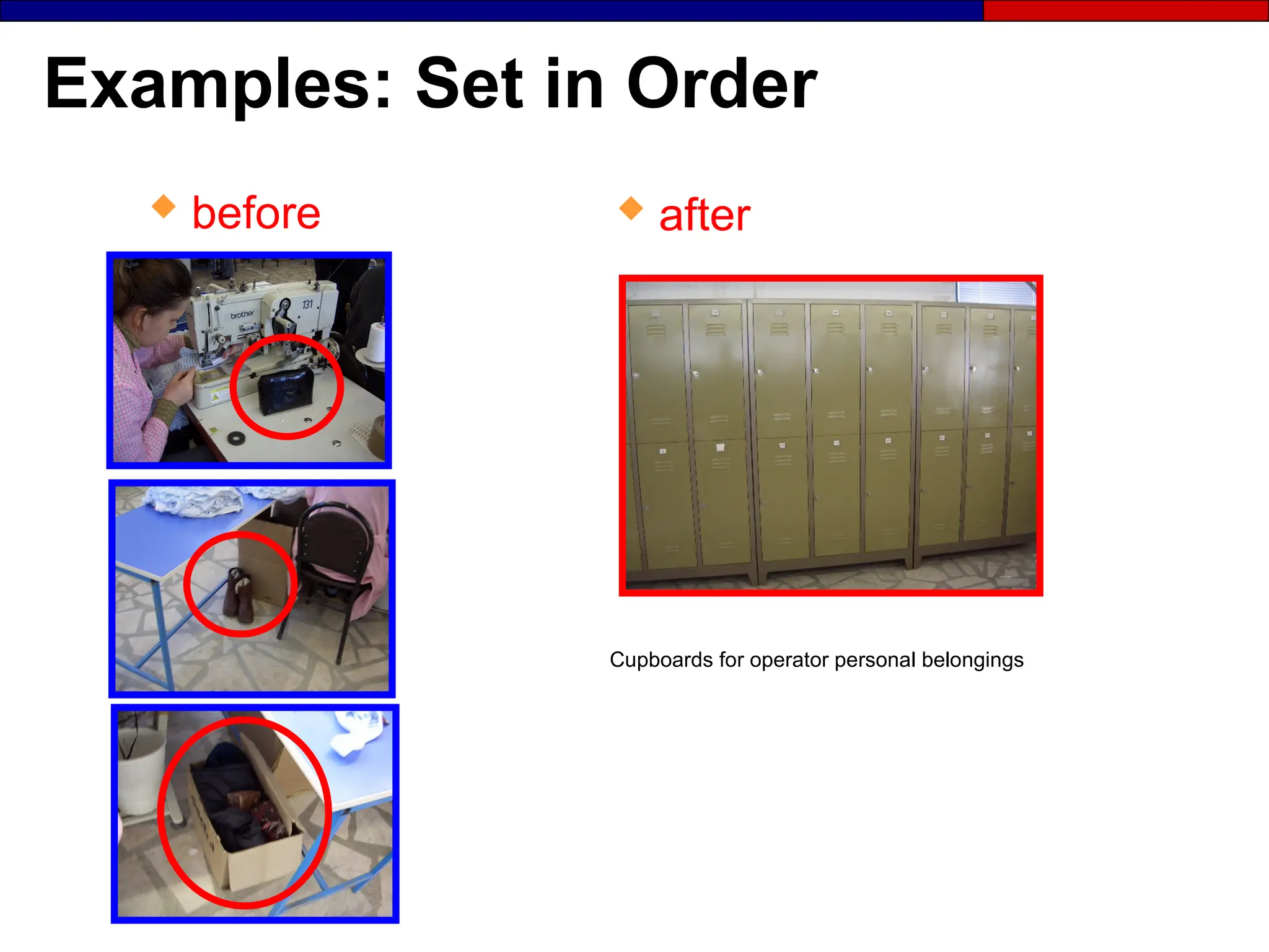 Examples: Set in Order
Cupboards for operator personal belongings
 after
 before
 