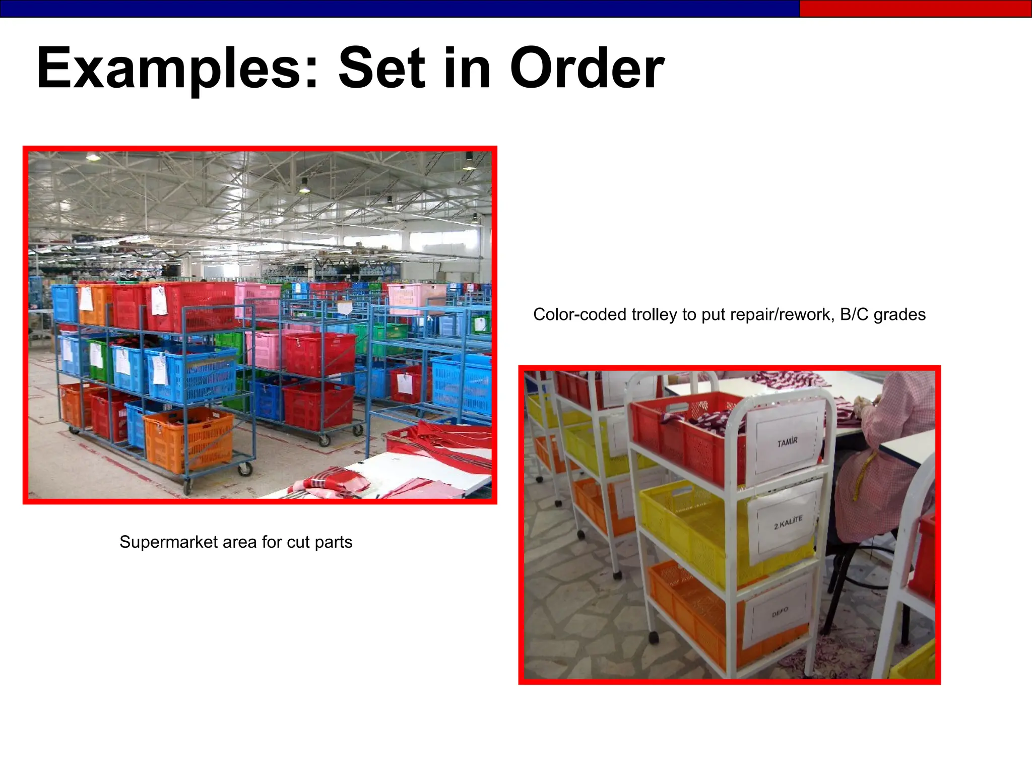 Examples: Set in Order
Color-coded trolley to put repair/rework, B/C grades
Supermarket area for cut parts
 