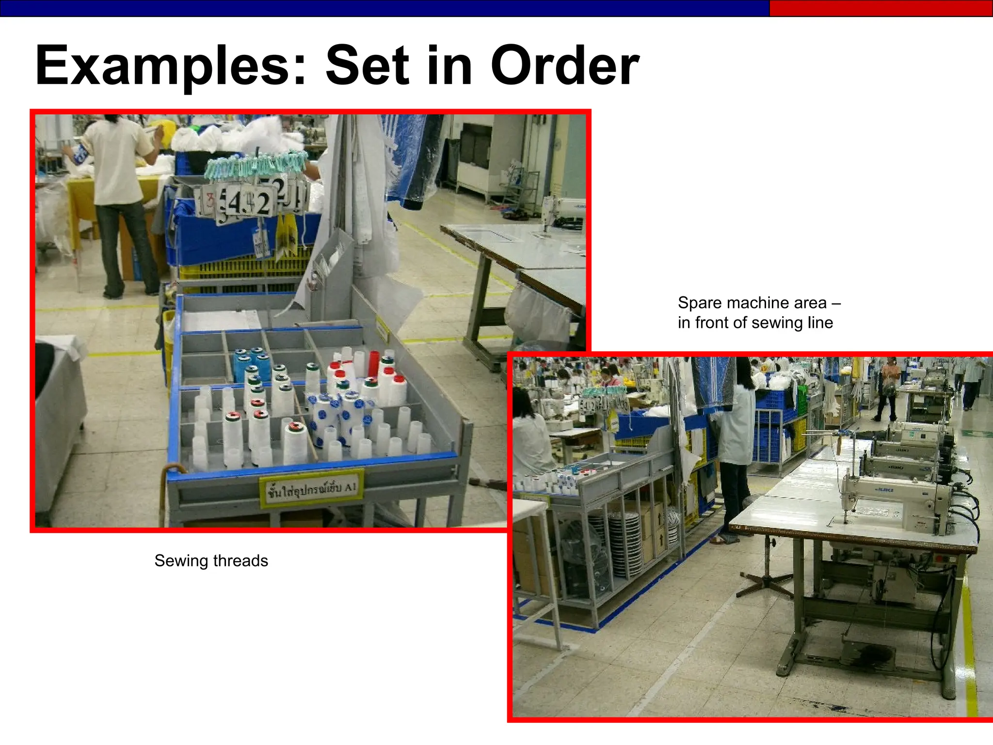 Examples: Set in Order
Sewing threads
Spare machine area –
in front of sewing line
 
