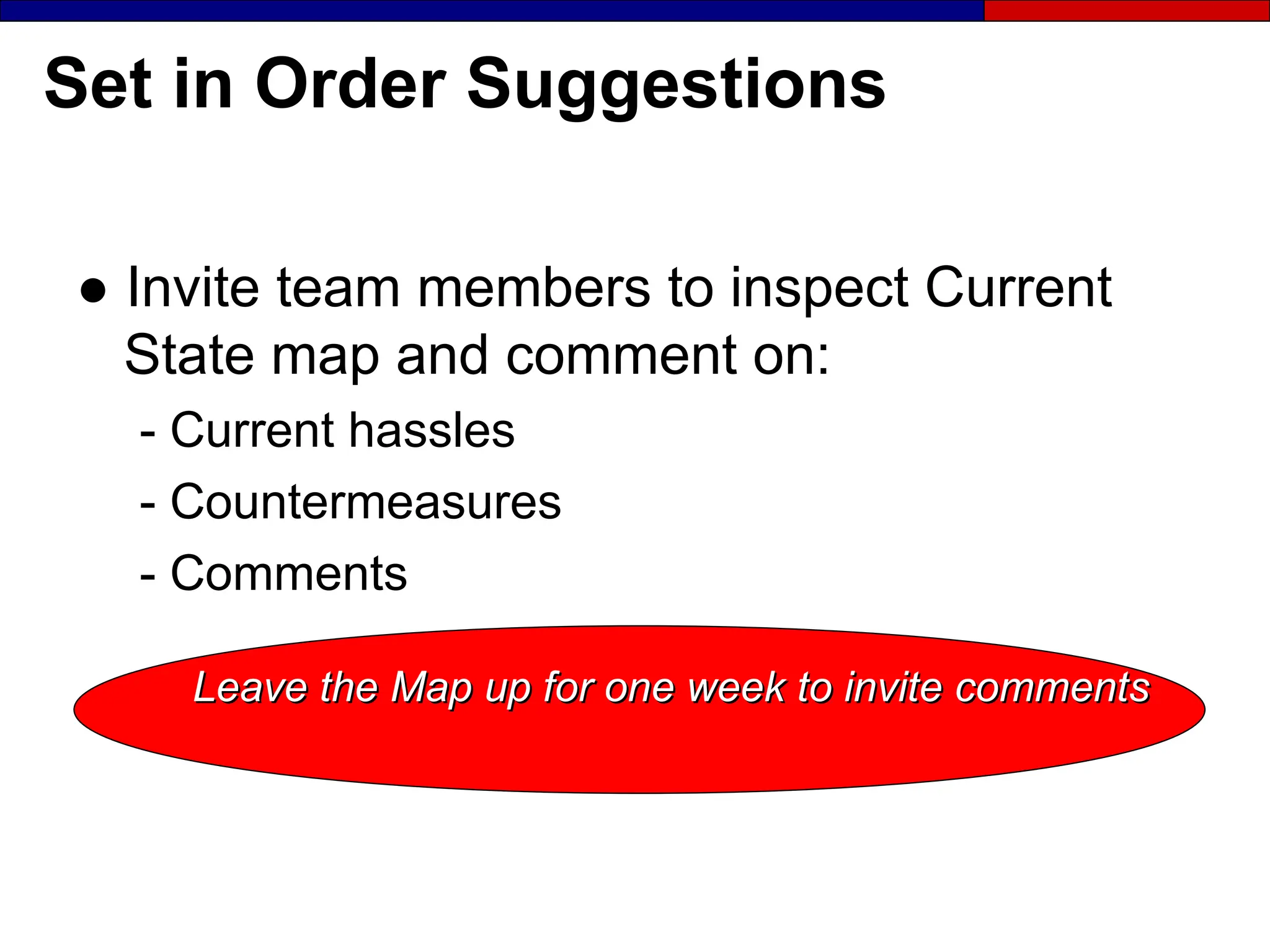 Set in Order Suggestions
● Invite team members to inspect Current
State map and comment on:
- Current hassles
- Countermeasures
- Comments
Leave the Map up for one week to invite comments
Leave the Map up for one week to invite comments
 