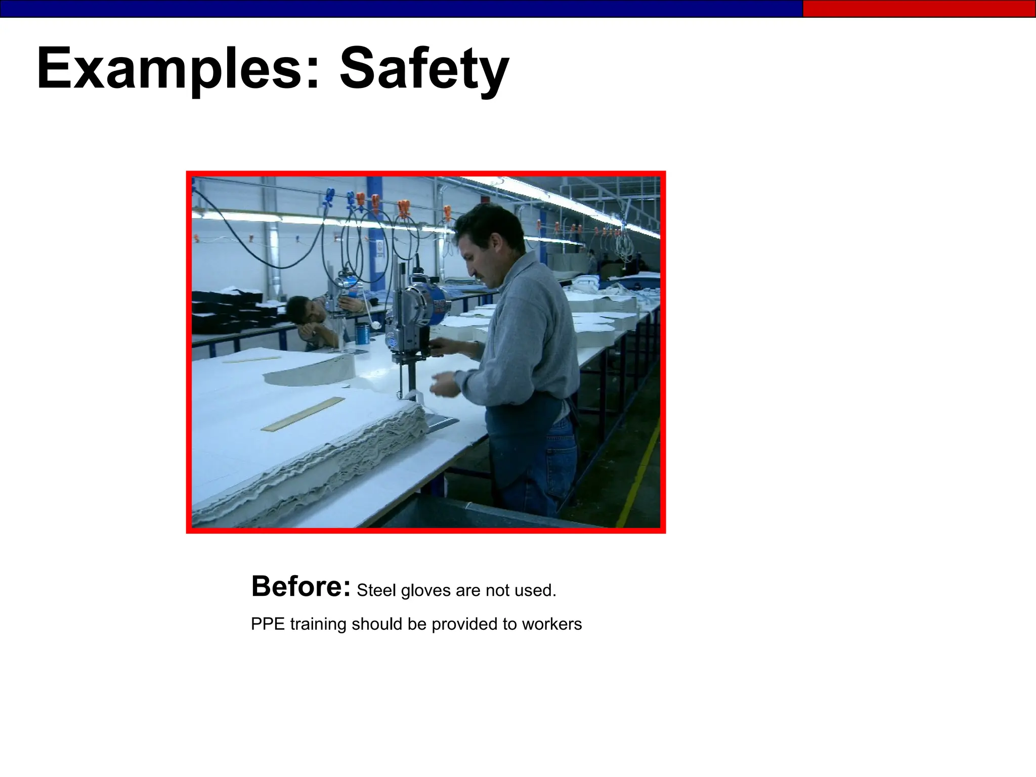 Examples: Safety
Before: Steel gloves are not used.
PPE training should be provided to workers
 