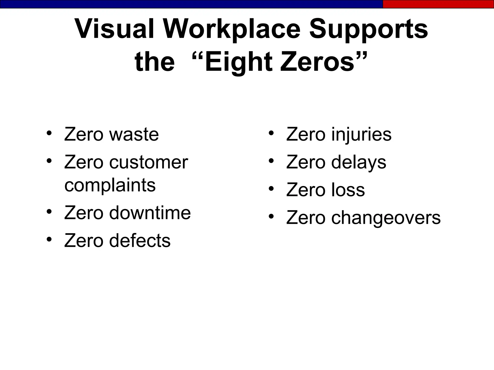 Visual Workplace Supports
the “Eight Zeros”
• Zero waste
• Zero customer
complaints
• Zero downtime
• Zero defects
• Zero injuries
• Zero delays
• Zero loss
• Zero changeovers
 