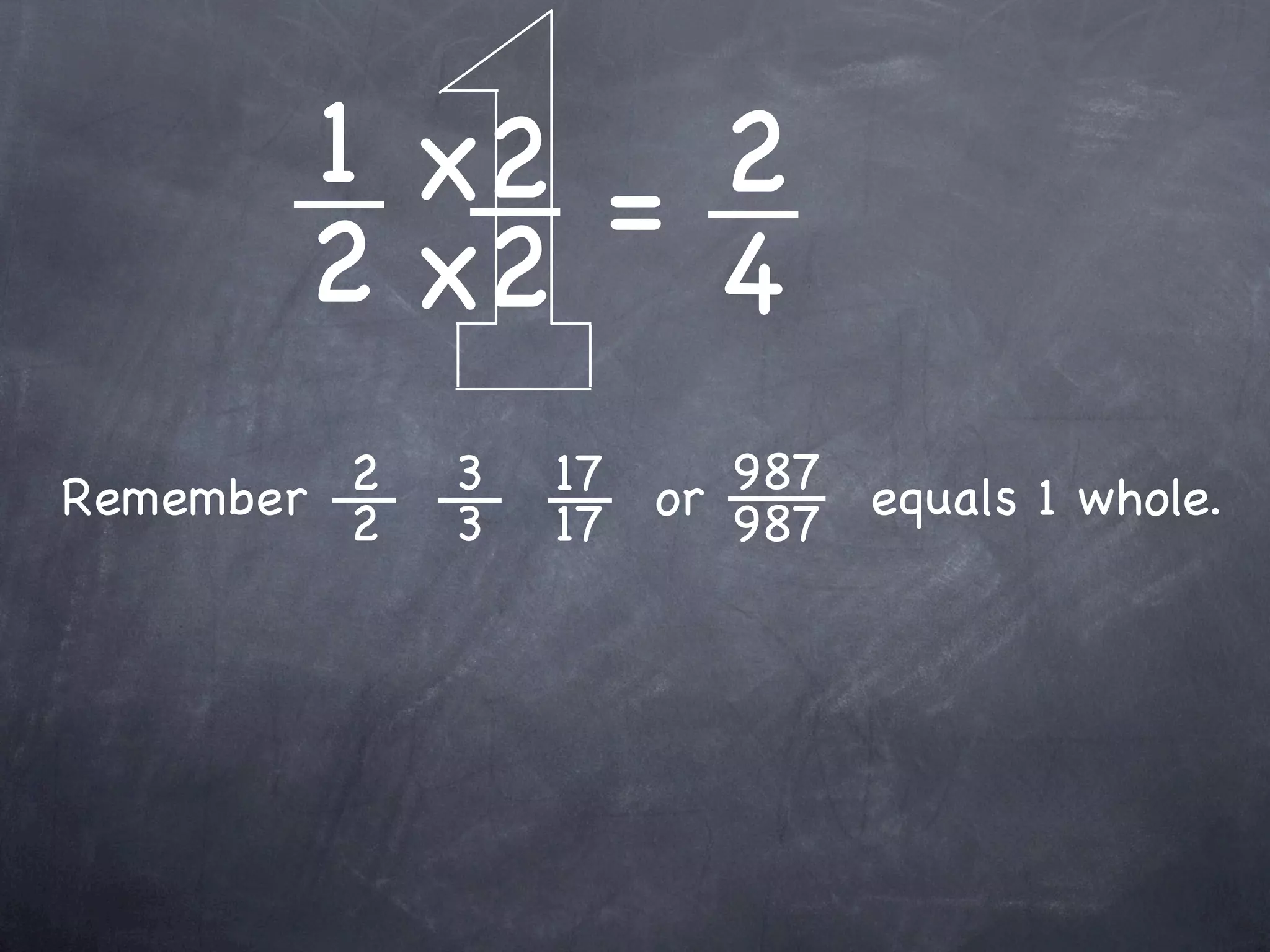 1 x2 = 2
       2 x2 4
         2
Remember 2   3   17 or 987 equals 1 whole.
             3   17    987
 