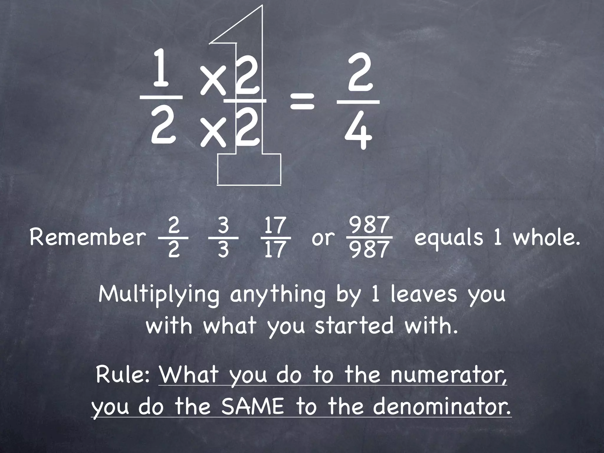 1 x2 = 2
        2 x2 4
         2
Remember 2    3   17 or 987 equals 1 whole.
              3   17    987
    Multiplying anything by 1 leaves you
        with what you started with.
    Rule: What you do to the numerator,
    you do the SAME to the denominator.
 