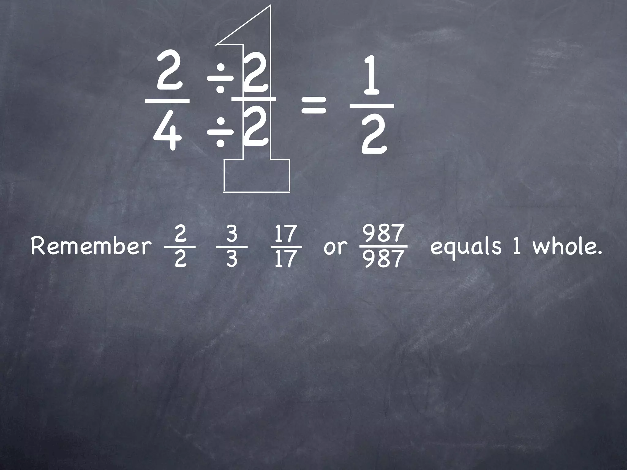 2 ÷2 = 1
       4 ÷2 2
         2
Remember 2   3   17 or 987 equals 1 whole.
             3   17    987
 