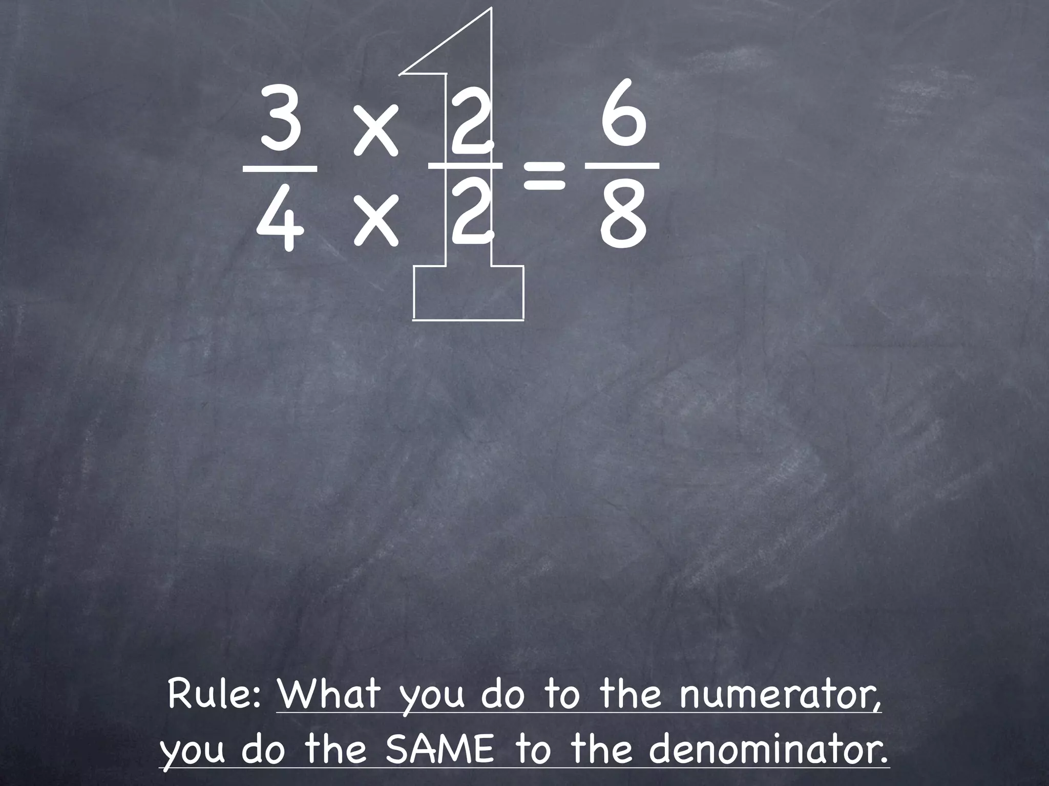 3 x 2=6
    4 x2 8



Rule: What you do to the numerator,
you do the SAME to the denominator.
 