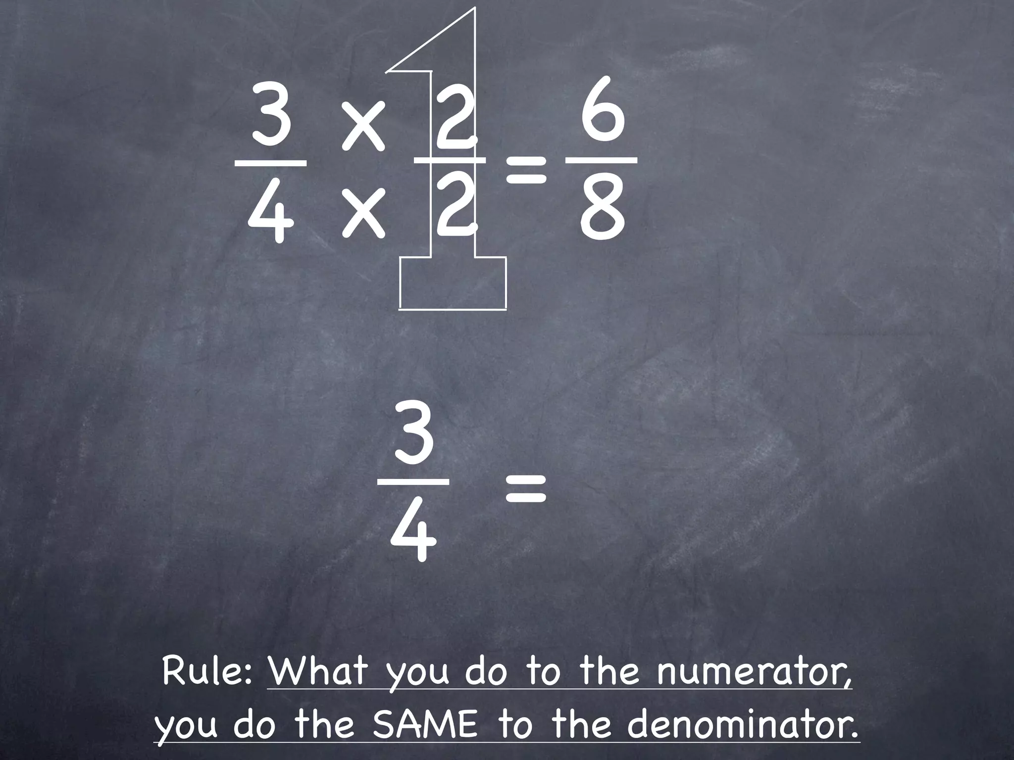 3 x 2=6
    4 x2 8

           3 =
           4
Rule: What you do to the numerator,
you do the SAME to the denominator.
 