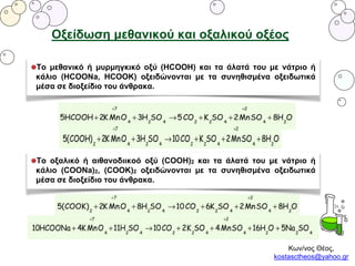 Κων/νος Θέος,
kostasctheos@yahoo.gr
Οξείδωση μεθανικού και οξαλικού οξέος
Το μεθανικό ή μυρμηγκικό οξύ (ΗCOOH) και τα άλατά του με νάτριο ή
κάλιο (ΗCOONa, HCOOK) οξειδώνονται με τα συνηθισμένα οξειδωτικά
μέσα σε διοξείδιο του άνθρακα.
Το οξαλικό ή αιθανοδιικοό οξύ (CΟΟΗ)2 και τα άλατά του με νάτριο ή
κάλιο (COONa)2, (COOΚ)2 οξειδώνονται με τα συνηθισμένα οξειδωτικά
μέσα σε διοξείδιο του άνθρακα.
 