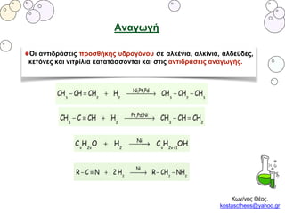 Κων/νος Θέος,
kostasctheos@yahoo.gr
Αναγωγή
Οι αντιδράσεις προσθήκης υδρογόνου σε αλκένια, αλκίνια, αλδεϋδες,
κετόνες και νιτρίλια κατατάσσονται και στις αντιδράσεις αναγωγής.
 